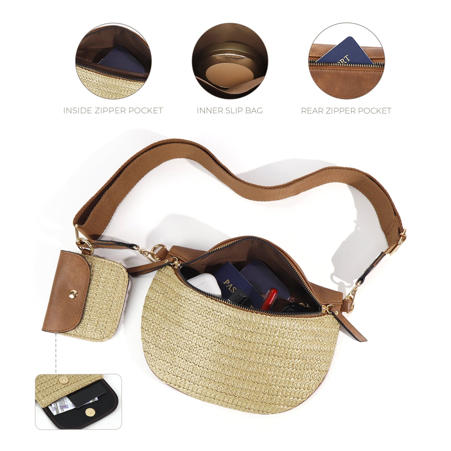 Woven Polyethylene Straw PU Vegan Leather Gold Hardware Valentina Mixed Media Sling Crossbody Bag | 9.85" x 6.85"
