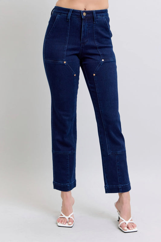 Judy Blue Full Size Hw Work Wear Knee Patch Straight Jeans Plus Size Cotton Polyester Spandex Sizes 0-24W