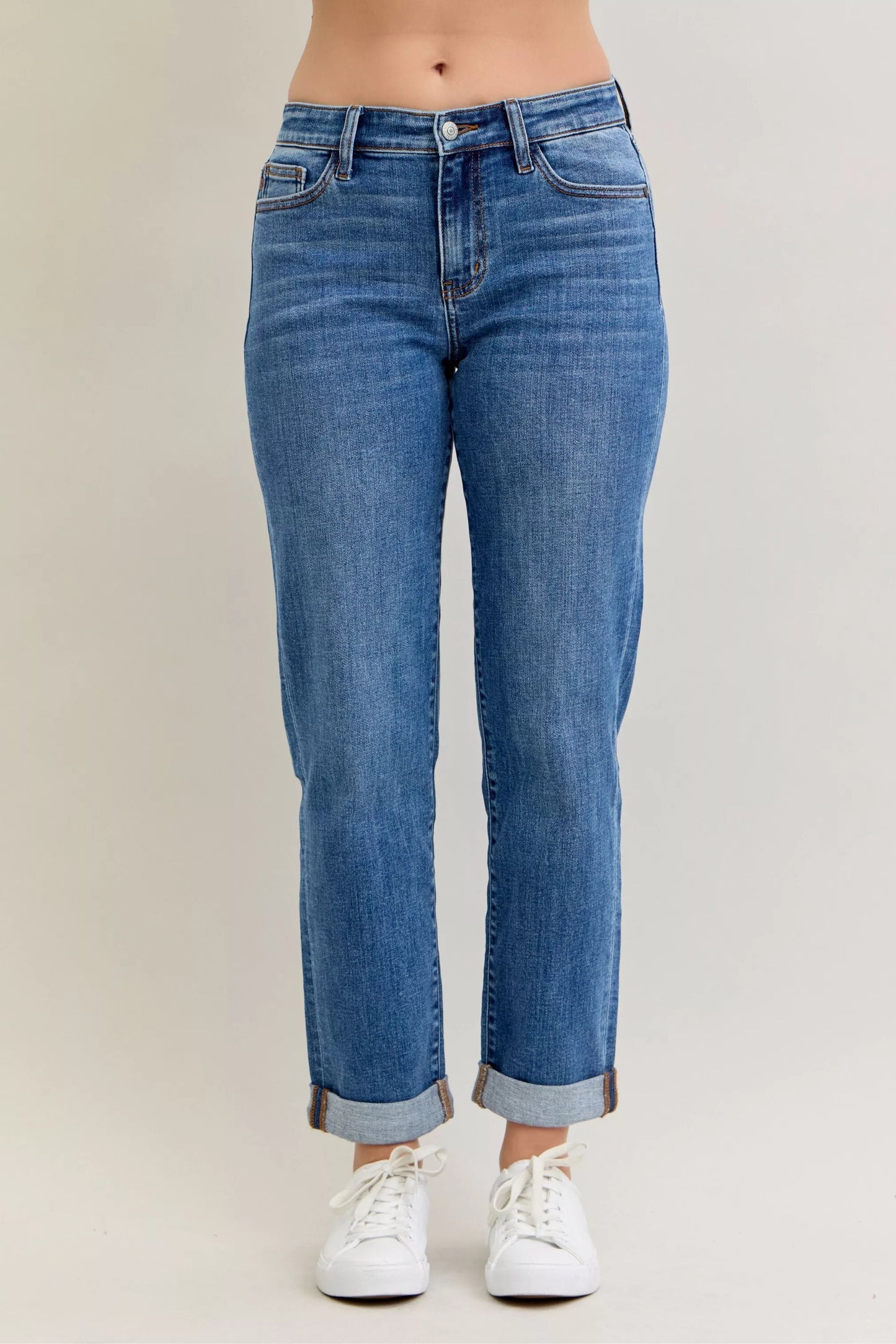 Judy Blue Full Size Mid Rise BF Classic Cuffed Jeans Plus Size Cotton Polyester Spandex Sizes 0-24W