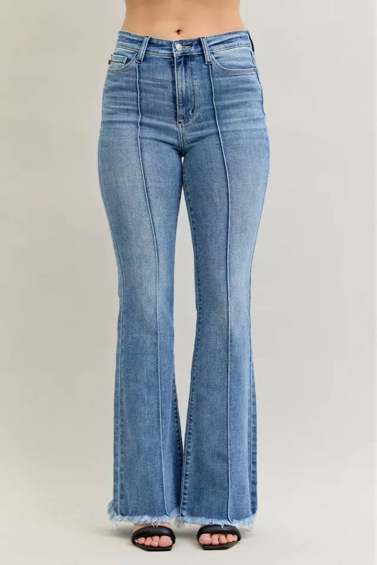 Judy Blue High Waist Flare Fray Hem Jeans with Front Pintuck Detail Cotton Polyester Spandex Sizes 0-15