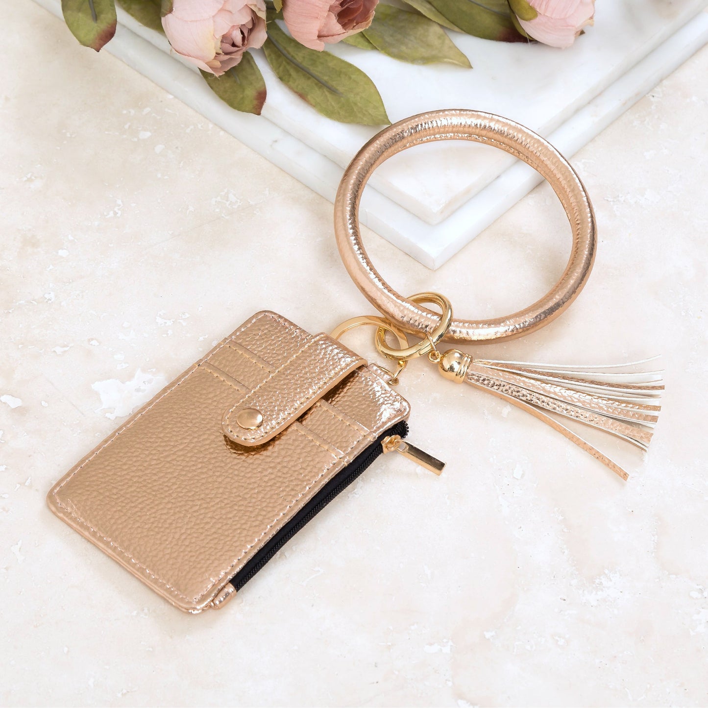 Gold Hardware Key Ring ID Wallet Zip Bracelet with Hidden Zipper Pocket & Tassel | 4" x 3"