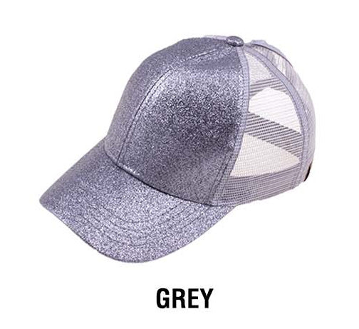 C.C® Glitter Polyester Brim Mesh Nylon Back Adjustable Messy Bun Ponytail Ball Cap | One Size Teen–Adult