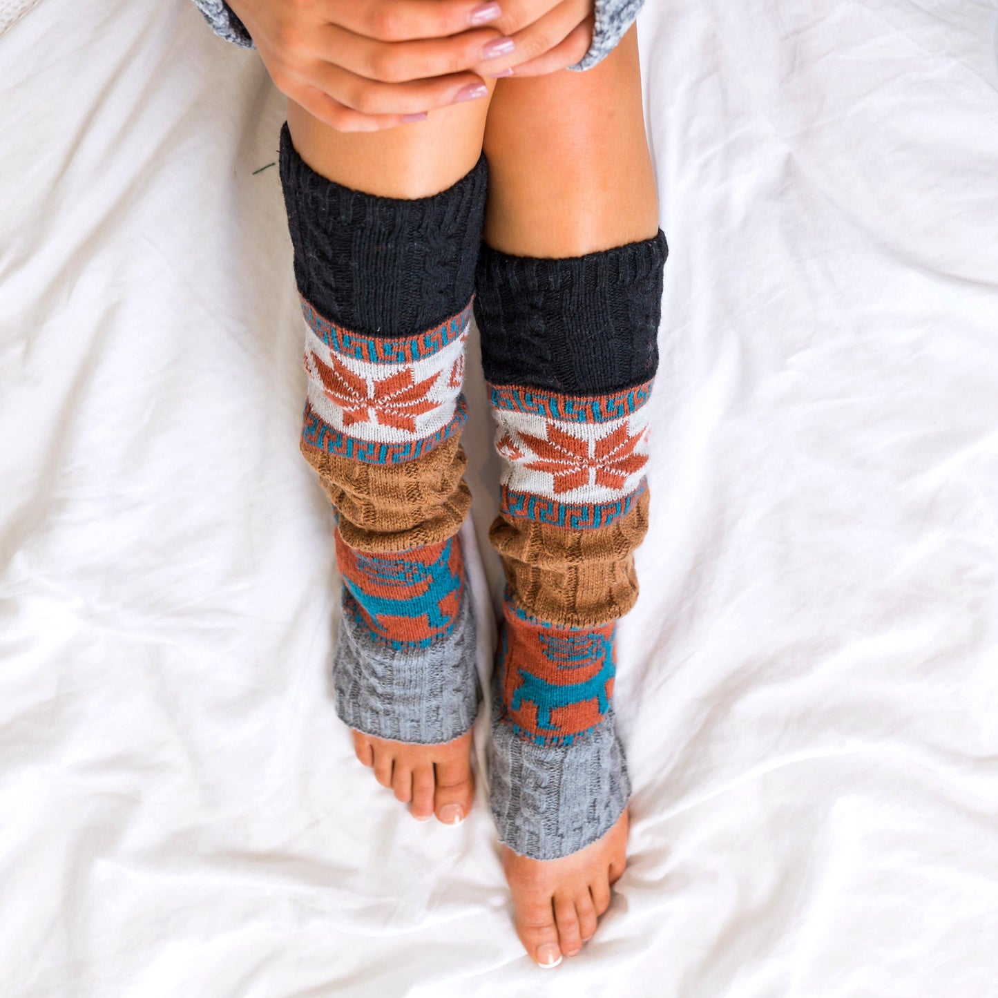 100% Soft-Spun Acrylic Thick Knit Nordic Snowflake Color Block Leg Warmers | 19" | Teen–Adult