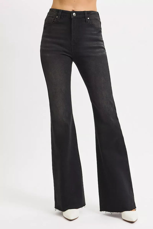 RISEN Full Size High Rise Flare Raw Cut Hem Jeans Plus Size Cotton Polyester Rayon Spandex Sizes 0-3X