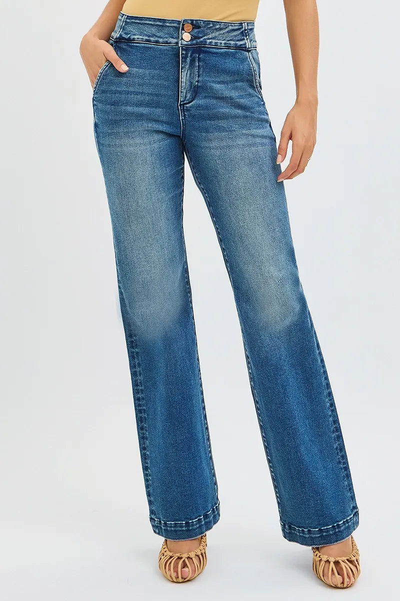 RISEN Full Size Tummy Control High Rise Bootcut Jeans with Double Button Waistband Plus Size Cotton Polyester Spandex Sizes 0-3X