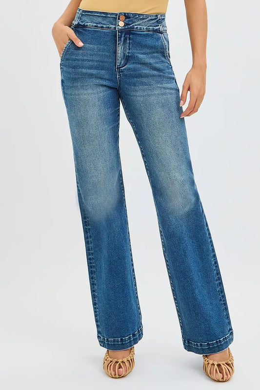 RISEN Full Size Tummy Control High Rise Bootcut Jeans with Double Button Waistband Plus Size Cotton Polyester Spandex Sizes 0-3X