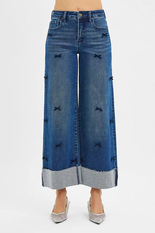 RISEN High Rise Crop Wide Leg Ribbon Detail Jeans Cotton Polyester Spandex Sizes 0-15