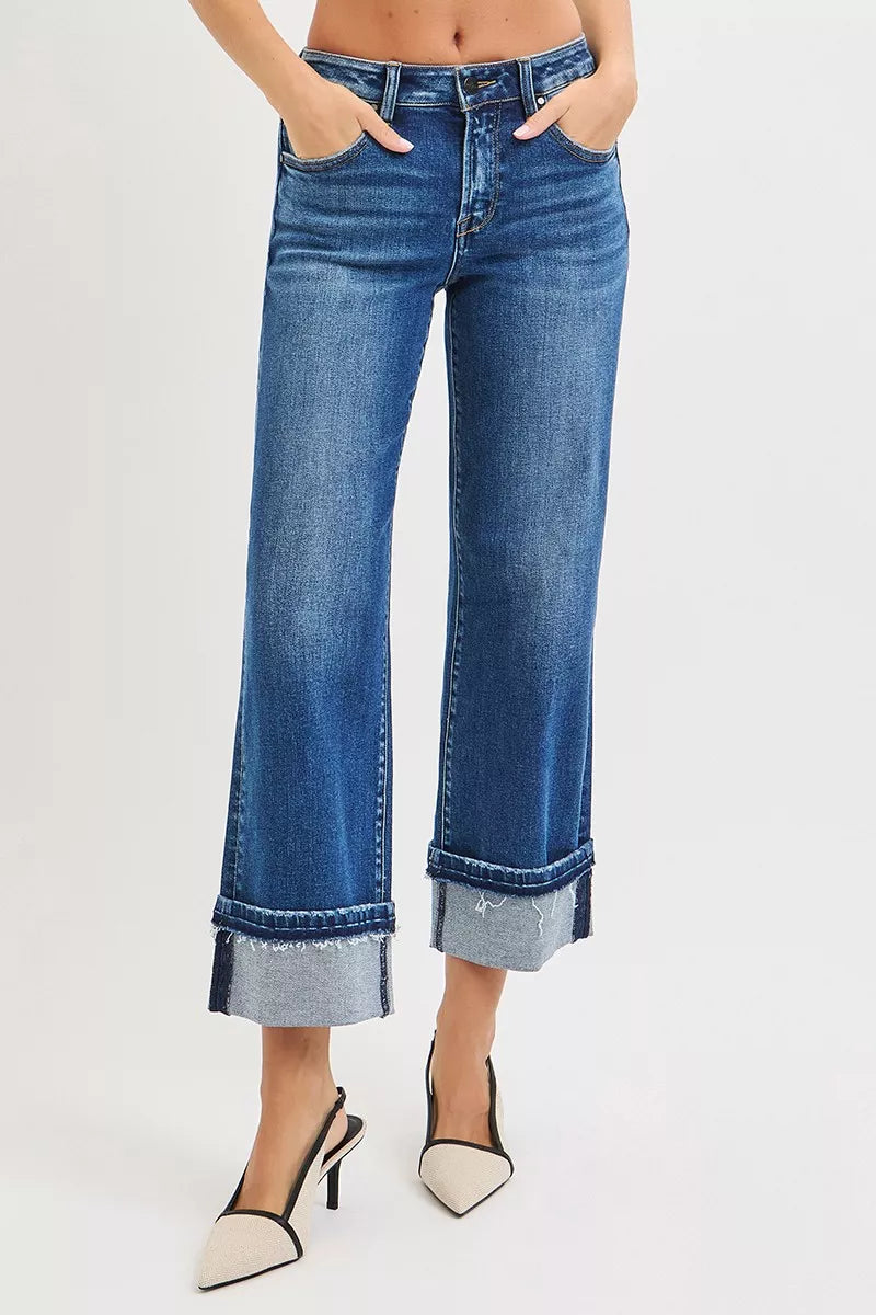 RISEN Mid Rise Ankle Straight Jeans with Cuffed Hem Cotton Polyester Spandex Sizes 0-15