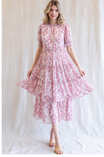 Print Chiffon Layer Frilled Tiered Short Sleeve Midi Dress