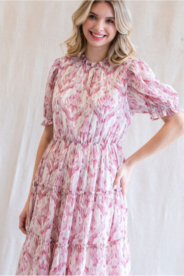 Print Chiffon Layer Frilled Tiered Short Sleeve Midi Dress