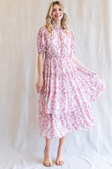 Print Chiffon Layer Frilled Tiered Short Sleeve Midi Dress