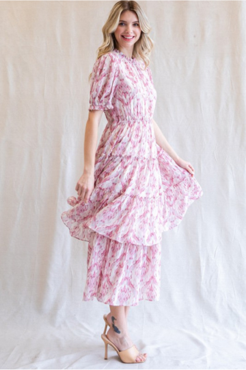 Print Chiffon Layer Frilled Tiered Short Sleeve Midi Dress