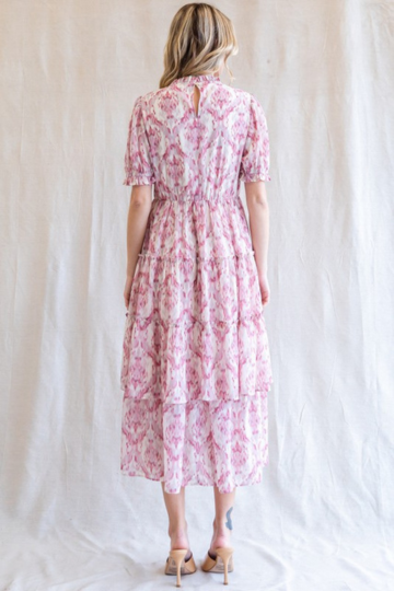 Print Chiffon Layer Frilled Tiered Short Sleeve Midi Dress