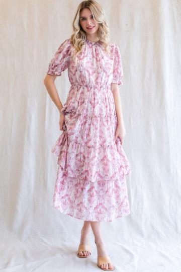 Jodifl Women’s Print Chiffon Layer Frilled Tiered Short Sleeve Midi Dress Polyester Size S-L