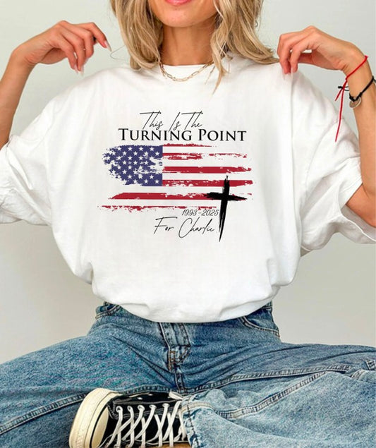 This is The Turning Point Plus Size Flag Short Sleeve Kirk Boutique Tee Cotton Sizes 2X-3X