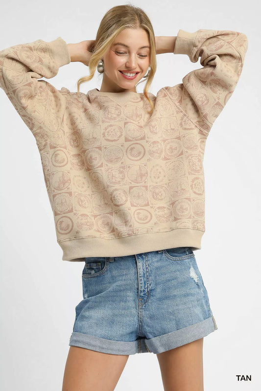 Umgee Coin Stamp Print Sweatshirt Cotton Polyester Sizes S-L