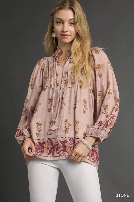 Umgee Floral Boho Peasant Blouse Rayon Nylon Sizes S-L