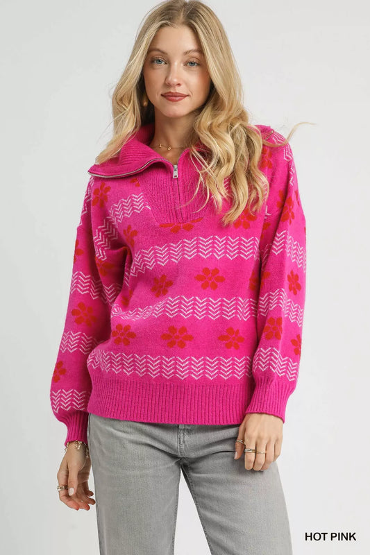Umgee Floral Patterned Jacquard Quarter-Zip Pullover Sweater Acrylic Nylon Polyester Size S-L