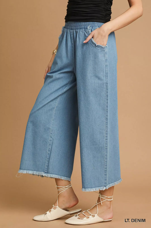 Umgee Washed Fringe Hem Wide Leg Jeans Cotton Polyester Sizes S-L