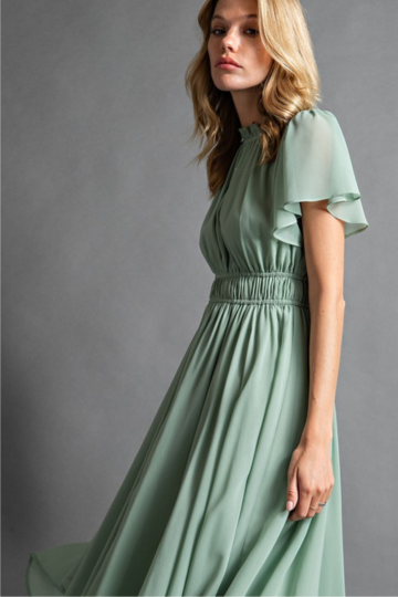 Feminine Short Sleeve Midi Chiffon Dress