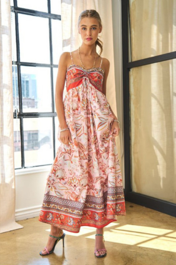 Davi & Dani Women’s Border Print Tube Top Tie Open Back Maxi Dress Polyester Size S-L, S / Orange