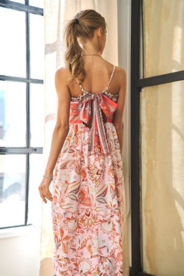 Davi & Dani Women’s Border Print Tube Top Tie Open Back Maxi Dress Polyester Size S-L