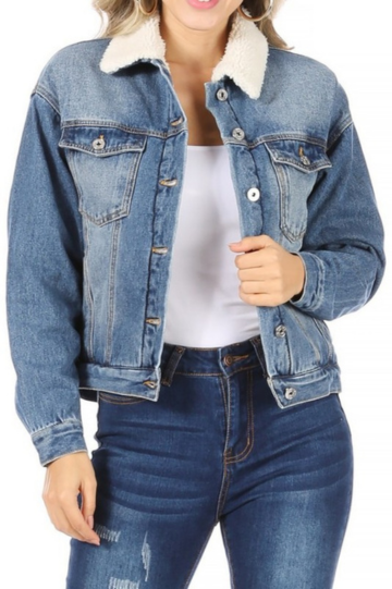 Women’s Denim Jacket with a Button Down Closure and Inside Sherpa Suede Cotton Polyester Size M-XL