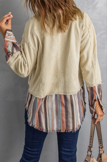 Button Up Pockets Color Block Corduroy Jacket