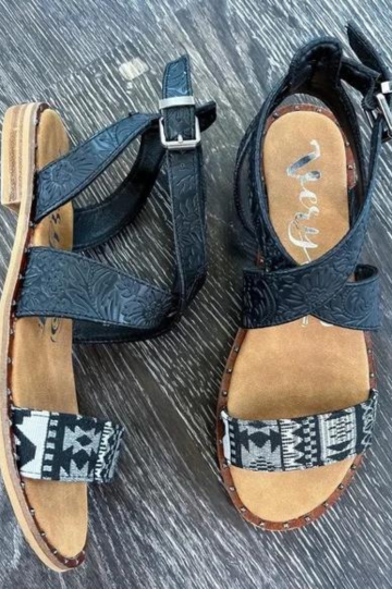 Very G Women’s Karma Bohemian Style Tooled Sandals in Black PU Leather Size 6-11