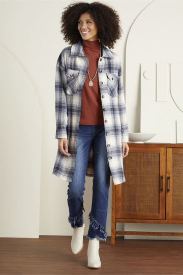 Coco + Carmen Women’s Tamara Long Plaid Shacket with Pockets Polyester Size S/M L/XL XXL