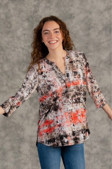 Gabby Style Long Sleeve Mocha Red Floral Design Top