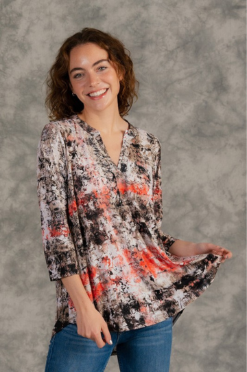 Gabby Style Long Sleeve Mocha Red Floral Design Top