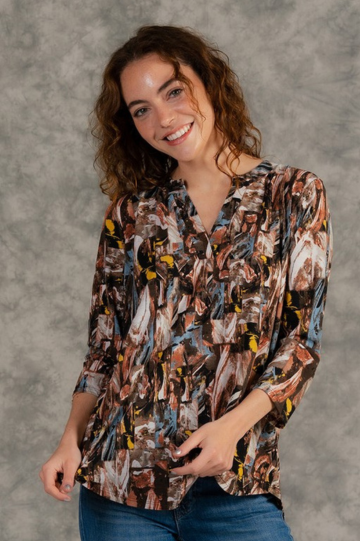 Gabby Style Long Sleeve Floral Brown Design Top