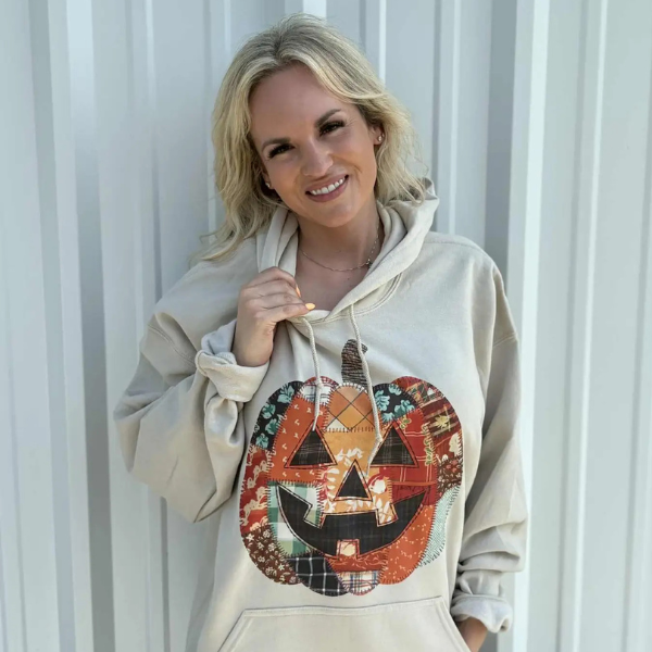 Adelle Linen Women's Pumpkin Patchwork Hoodie Long Sleeve Cotton Polyester Sizes S-3XL