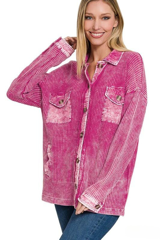 Zenana Clothing Cotton Waffle Acid Wash Long Sleeve Shacket