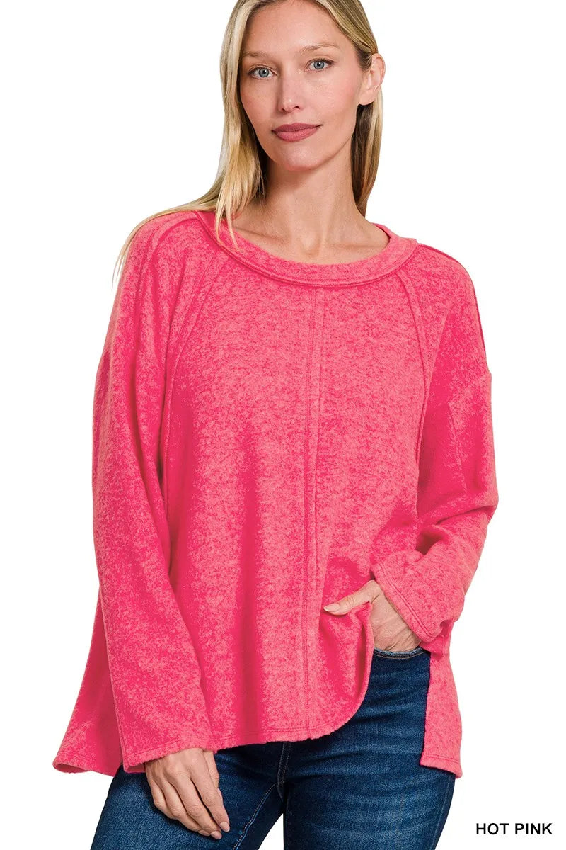 Zenana Brushed Hacci Exposed Seam Hi Low Sweater Polyester Rayon Spandes Sizes S/M L/XL