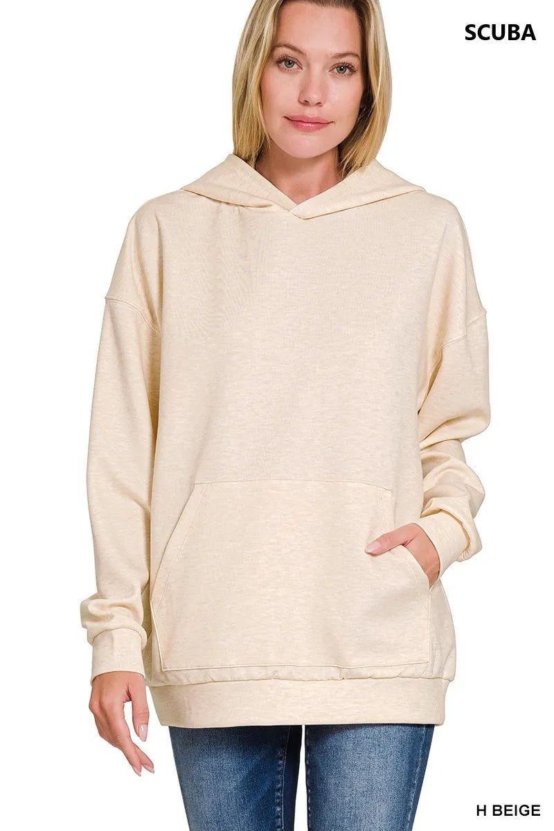 Zenana Women’s Long Sleeve Oversized Scuba Hoodie with Kangaroo Pocket Polyester Rayon Spandex Size S/M L/XL