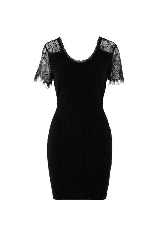Solid Black Short Sleeve Lace trim dress