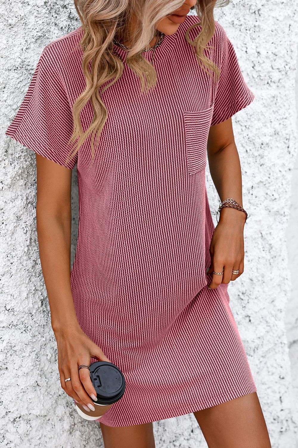 Blueberi B Women’s Mandy Ribbed Striped Short Sleeve Mini Tee Dress Rayon Polyester Size S-2XL