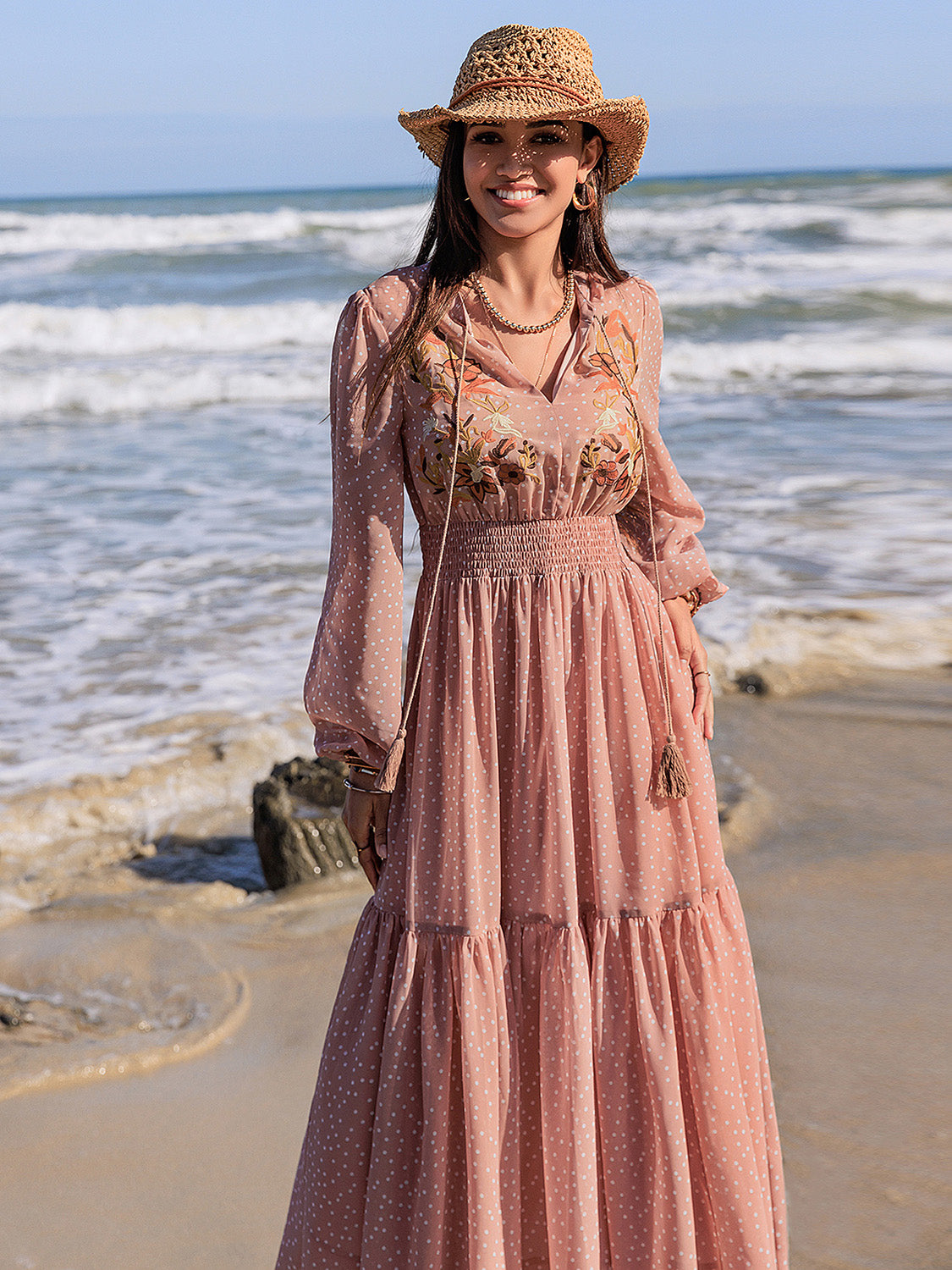 Blueberi B Women’s Embroidered Polka Dot Tie Neck Long Sleeve Midi Dress Polyester Size S-2XL
