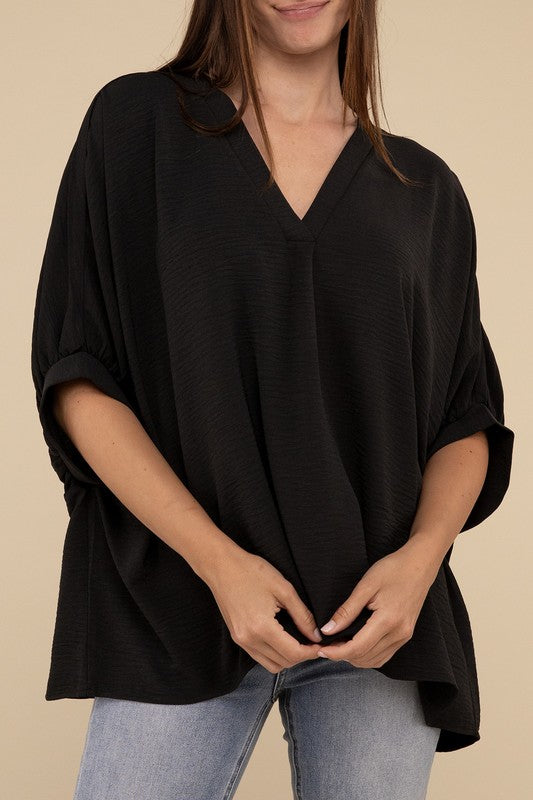 Zenana Women's Clothing Woven Airflow V-Neck Puff Half Sleeve Top Polyester S/M L/XL