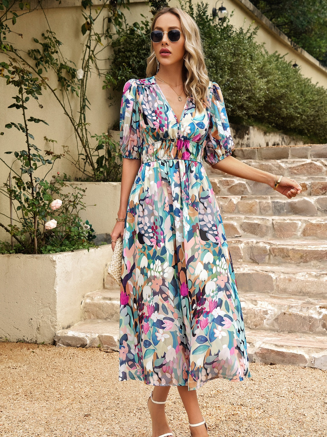 strapless open back dress Printed Puff Sleeve Midi Dress Turquoise / S