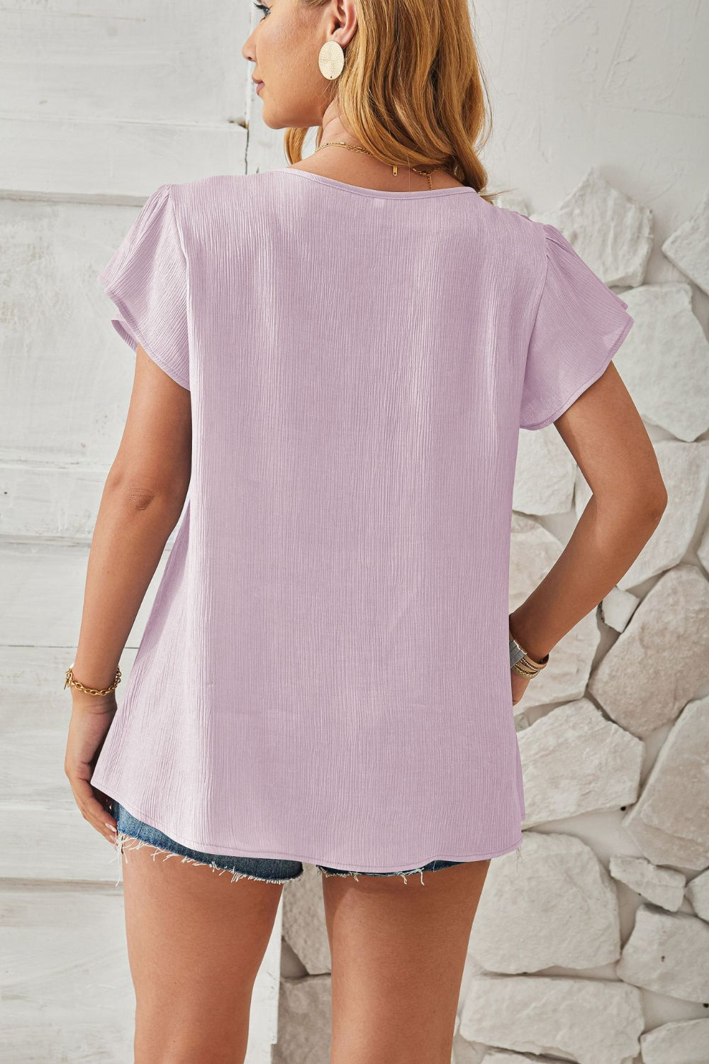 Blueberi B Women's Ruched V-Neck Flounce Sleeve Blouse Polyester Size S-2XL