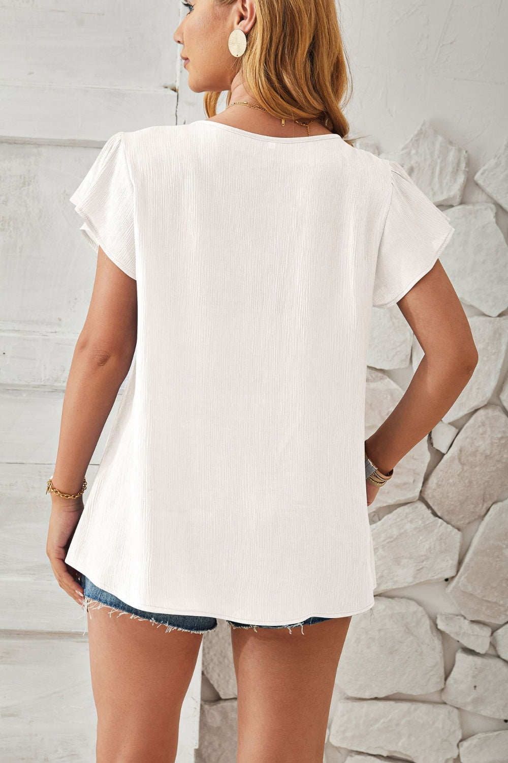 Blueberi B Women's Ruched V-Neck Flounce Sleeve Blouse Polyester Size S-2XL
