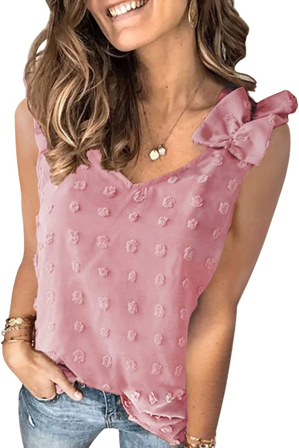 Blueberi B Women's Full Size Swiss Dot V-Neck Tank Polyester Size S-3XL