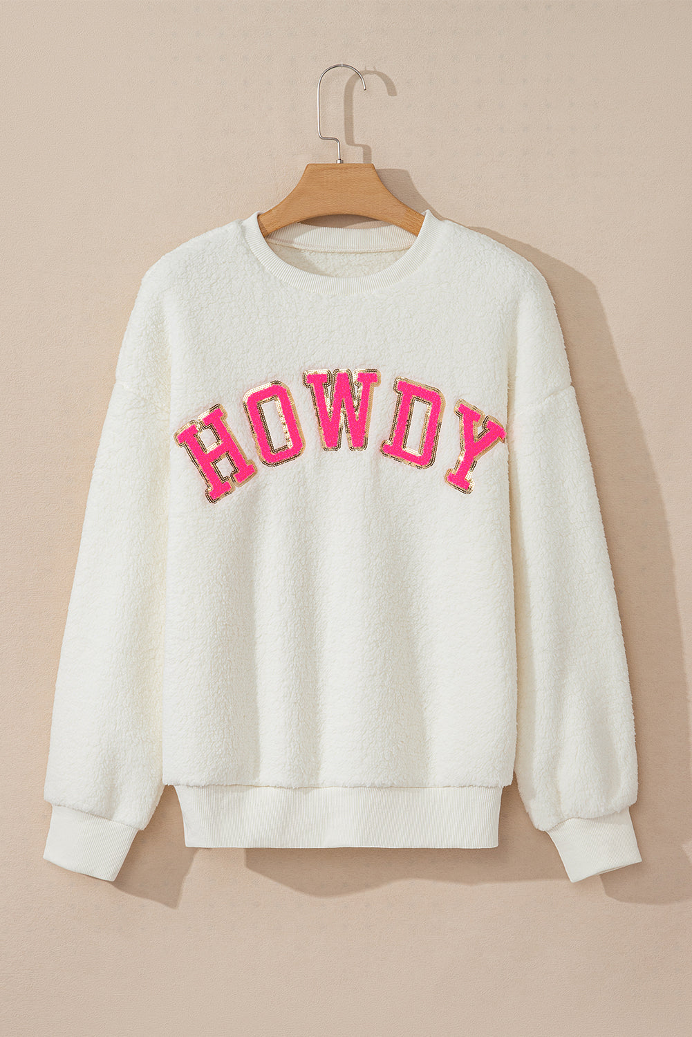 Blueberi B Women’s HOWDY Patched Round Neck Sherpa Sweatshirt Polyester Size S-2XL