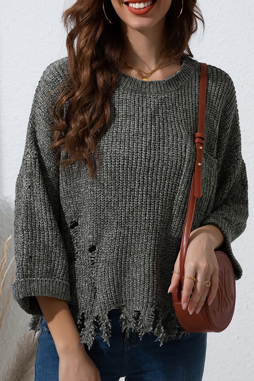 Blueberi B Women’s Distressed Round Neck Drop Shoulder Long Sleeve Sweater Polyester Size M-2XL