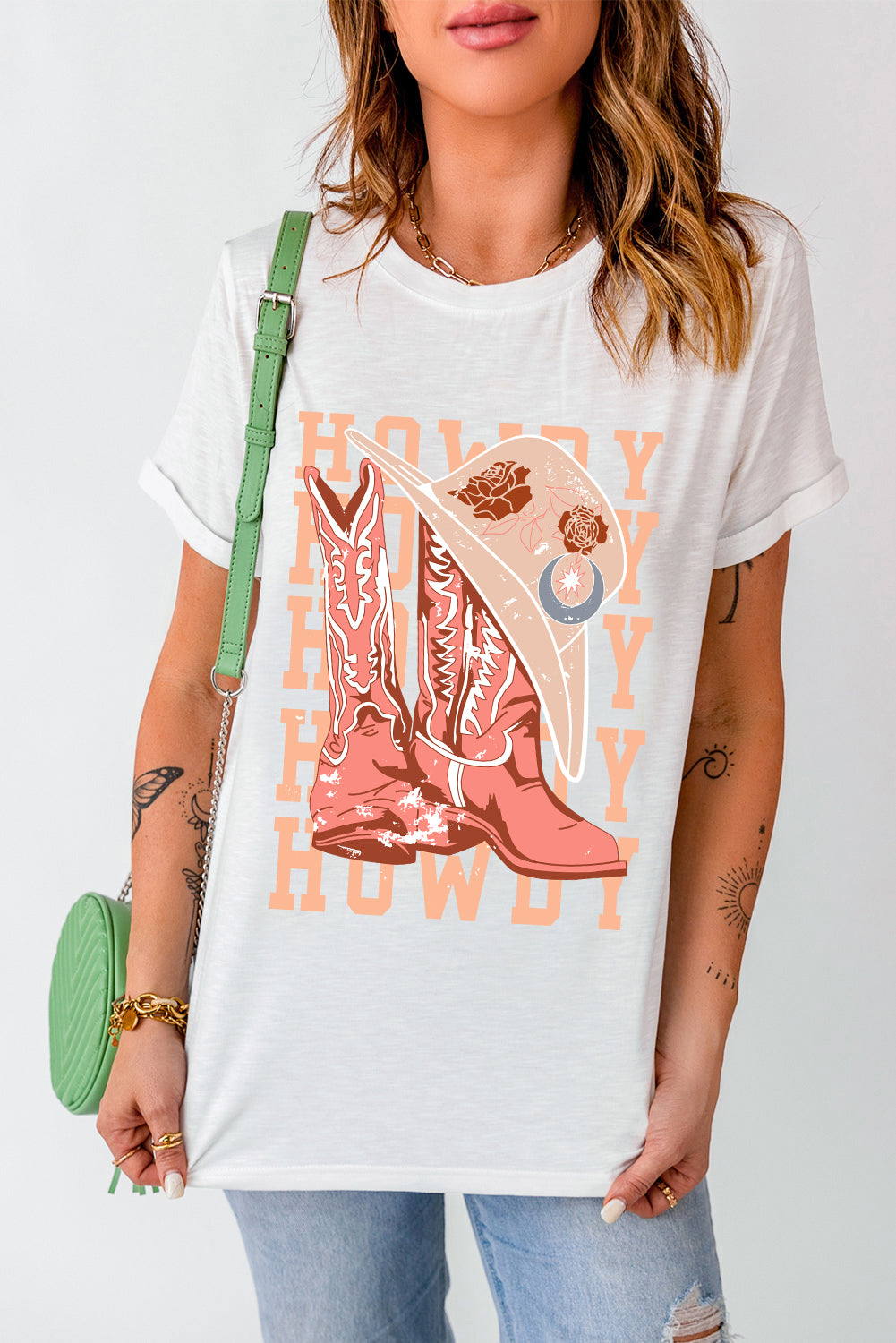 Blueberi B Women's Graphic Howdy Boots Round Neck Short Sleeve T-Shirt Polyester Cotton Elastane Size S-2XL
