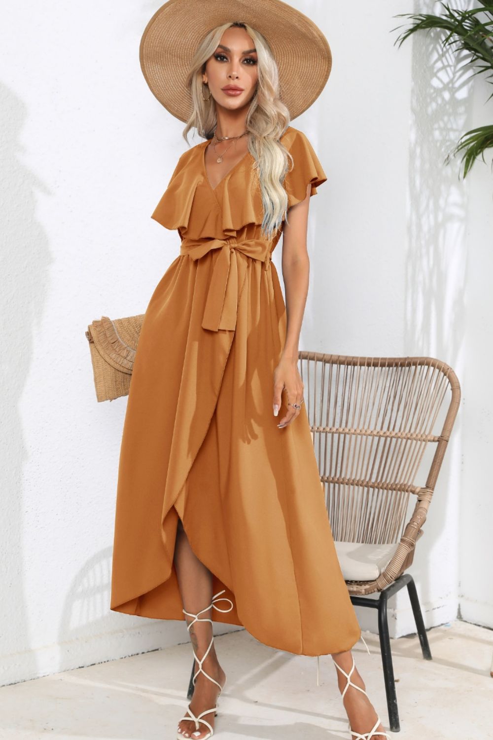 Blueberi B Women’s Ruffled Tied V-Neck Midi Dress Polyester S-XL