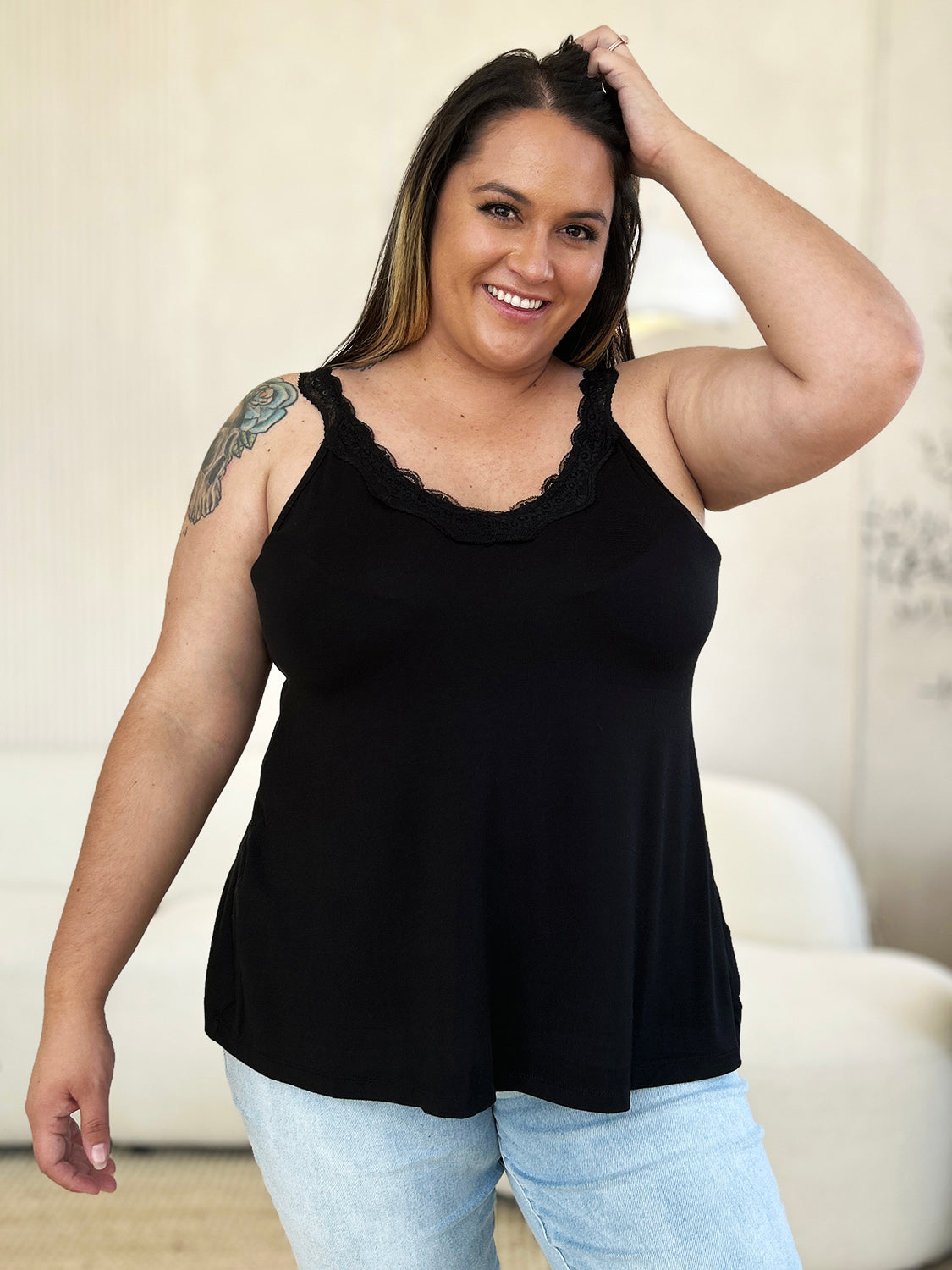 Basic Bae Women’s Full Size Lace Detail V-Neck Cutout Cami Rayon Spandex Size S-3XL